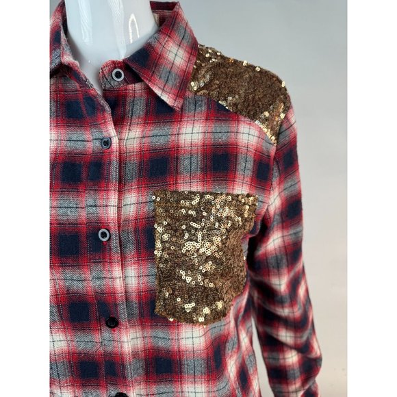 E2 Plaid and Sequin Western Styled Shirt M Red Blue Cotton Vintage - Picture 13 of 16